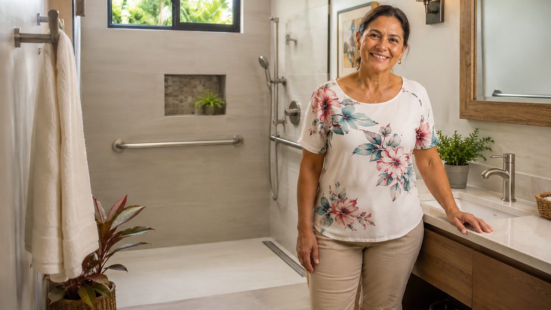 Baño accesible con barra de apoyo y ducha sin gradas de fácil acceso, remodelado por UnoTico™