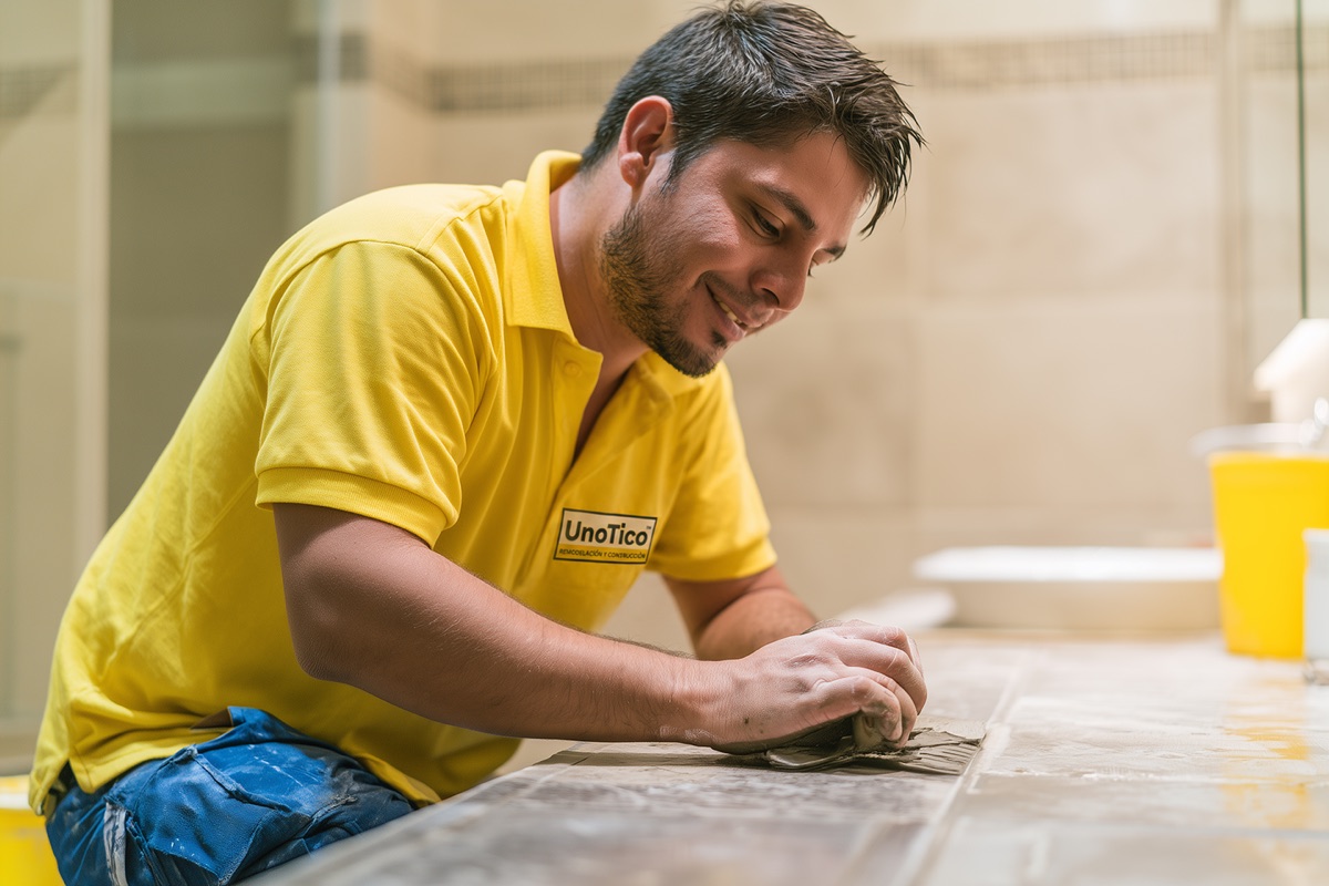 Técnico de UnoTico™ instalando azulejos en un baño