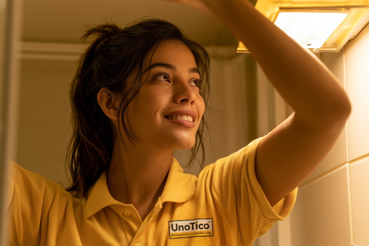 Técnica de UnoTico™ instalando iluminación cálida en un baño